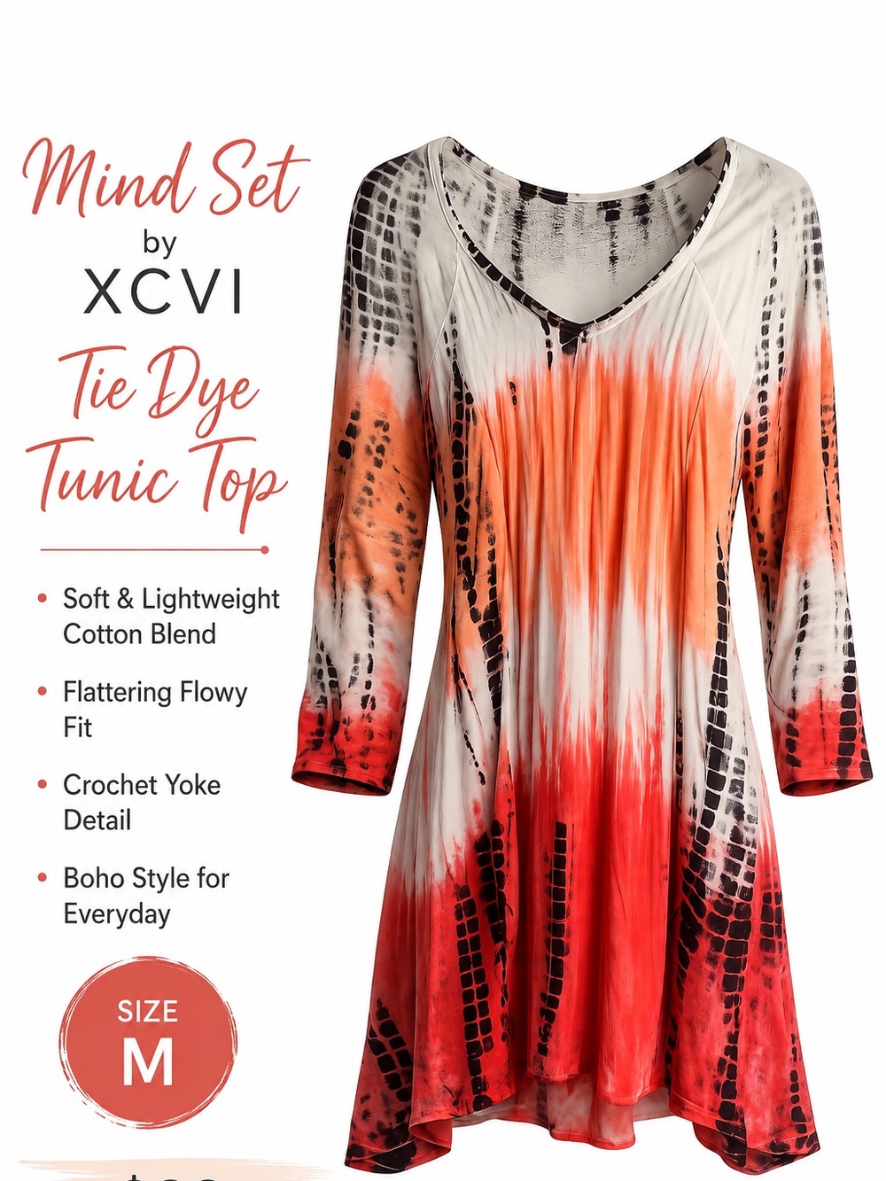 Mind Set by XCVI Tie Dye Tunic Top Medium Orange Red Crochet Yoke Boho